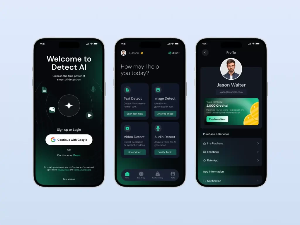 Detect Ai App UI Design Login Home Profile